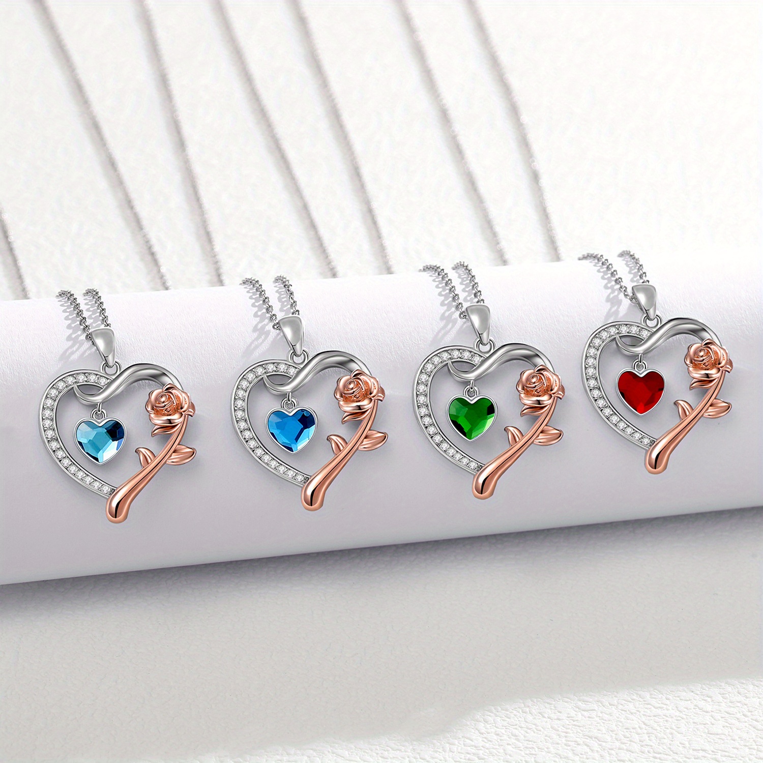 February Birthstone Necklace - Silvery 925 Heart Rose Golden Pendant